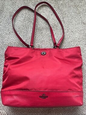 Coach Red Turnlock Nylon Tote with Leather Trim